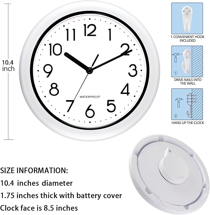Caysie 10 Inch Sealed Indoor Outdoor Clock Waterproof, Silent Battery Operated Weatherproof Wall Clocks for Pool Patio Outside Home (White)