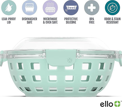 Ello DuraGlass Food Storage Glass Lunch Bowl - Meal Prep Container with Silicone Sleeve and Airtight Lid, 5 Cup, Yucca