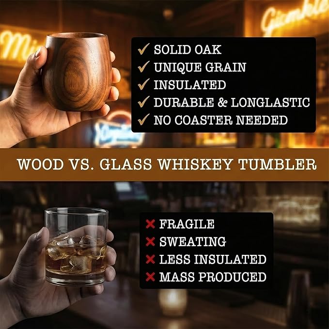 Wooden Whiskey Glass Set – Durable Bourbon Glass for Men, Insulated Old Fashioned Glass – Whiskey Gifts for Husband, Dad, Brother – Birthday, Christmas, Father’s Day, Retirement