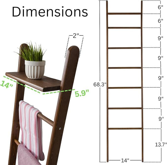 Solid Pine Wood Blanket Ladder for Living Room Bathroom Organizer Shelves, 7-Tier 5-Tier Freestanding Shelf, Freestanding Towel Rack Extra Storage, Wall-Leaning (Walnut, Large)