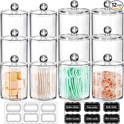 SheeChung 12 Pack Qtip Holder, Clear Acrylic Apothecary Jars with Labels- Shatterproof Bathroom Vanity Organizer for Cotton Swabs,Balls,Pads-Minimalist storage- (6) 12oz &(6) 15oz