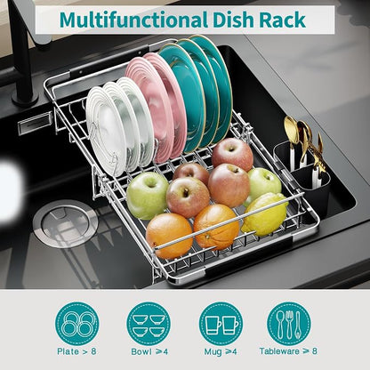 Urackify Expandable Stainless Steel in Sink Dish Drying Rack, Dish Rack Over Sink, Rustproof Dish Drainer for Kitchen Counter, Dish Strainer with Utensil Holder, Fit Sink for 13"-18", Silver
