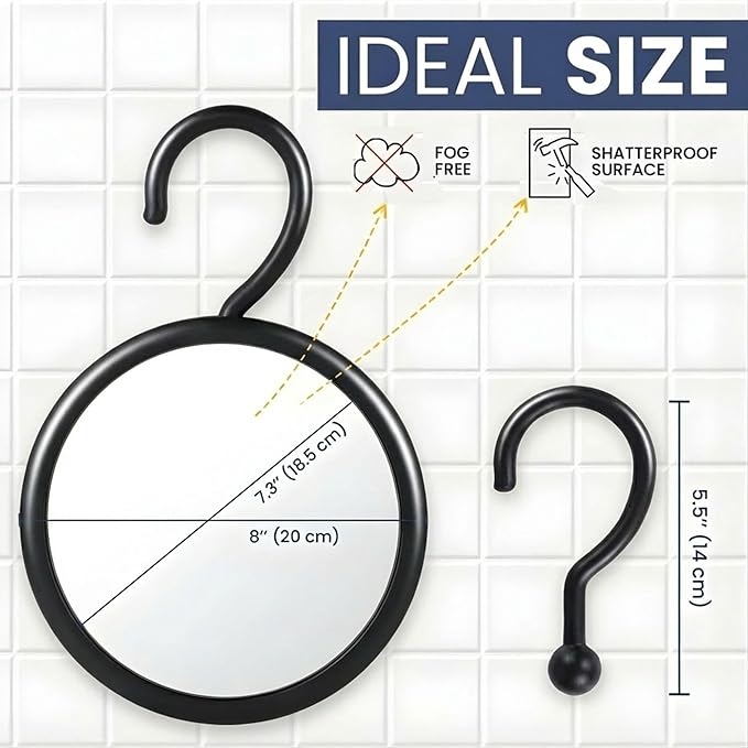 MIRRORVANA Hangable Round Fogless Shower Shaving Mirror with 360° Swivel Rotatable Hook for Hanging and Bonus Anti-Fog Spray - Anti Fog and Shatterproof Surface, 6.7" Diameter (Black)