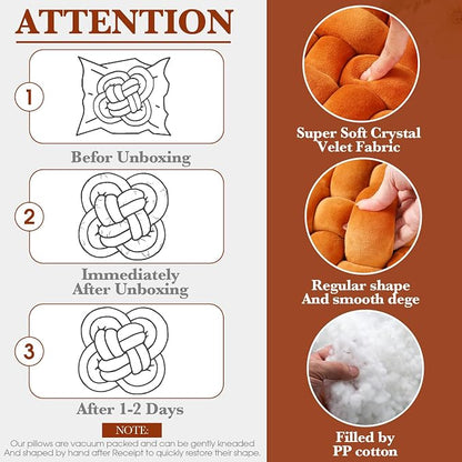 Wenqik 2 Pcs Knot Pillows Square Knotted Plush Throws Soft Accent Pillows Decoration Cushion for Couch Home Office Living Room Bedroom Bed Sofa Decor, 12'' x 13''(Caramel,Crystal Velvet)