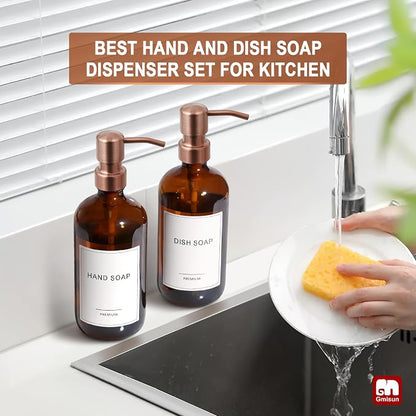 GMISUN Amber Glass Soap Dispenser, 2 Pack Bathroom Hand Soap Dispensers with Rose Gold Pump, 17 Fl Oz Kitchen Hand and Dish Soap Dispenser Set, Modern Vintage Liquid Brown Soap Dispensers Bottle