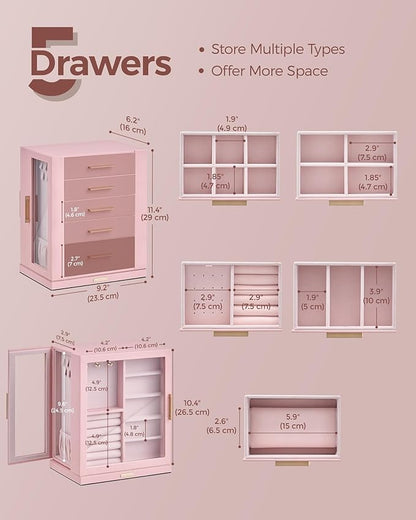 360° Rotating Jewelry Box with 5 Drawers, Spacious Vertical Jewelry Organizer with Glass Window, Jewelry Storage Case, Dustproof & Moisture-resistant Design, Pink