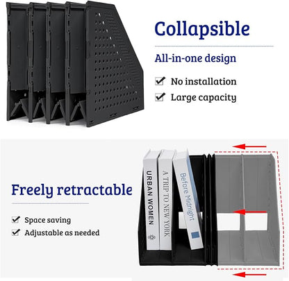 SAYEEC Collapsible Magazine Holder Plastic Desktop 4 Compartment File Rack Magazine Organizer Vertical File Divider Sorter Storage Document Organizer for Office Home School Black