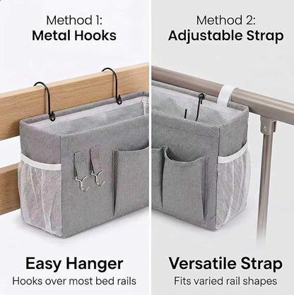 1pc Bedside Caddy Organizer with Hooks, No-Sagging Canvas Hanging Bed Pocket with Water Bottle Holder, Bedside Storage for Dorm Room Essentials, Bunk Bed Accessories, Hospital Bed Rails & Crib (gray)