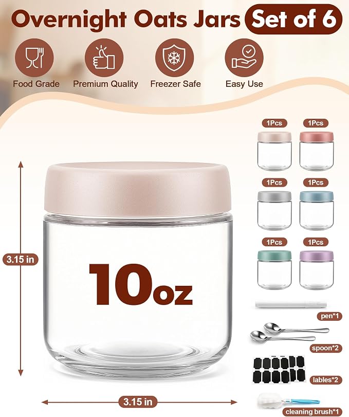 6 pack 10 oz Overnight Oats Containers with Lids and Spoons Glass Jars with Airtight Lids: Wide Mouth Mason Salad Jars, Leakproof and Reusable Glass Food Storage Container for Yogurt Snacks Spice
