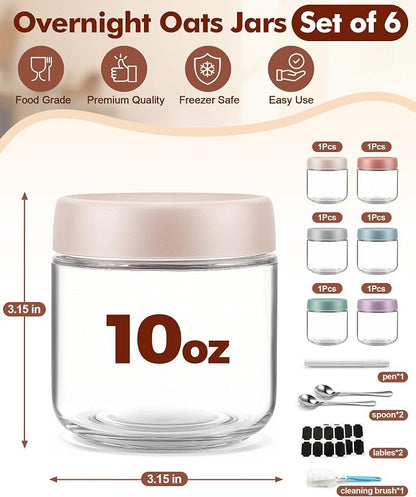 6 pack 10 oz Overnight Oats Containers with Lids and Spoons Glass Jars with Airtight Lids: Wide Mouth Mason Salad Jars, Leakproof and Reusable Glass Food Storage Container for Yogurt Snacks Spice