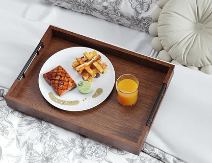 Fibogollo Bamboo Set of 2 Serving Tray with Metal Handles,Ottoman Decorative Trays Platter for Coffee Table,Living Room,Bar,Party(Brown)