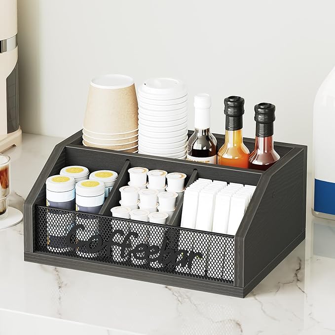 YATINEY Coffee Bar Organizer, Wooden Coffee Pod Organizer for Countertop, Versatile Pod Holder with Dividers, Holds Syrup, Cups, Tea Bags, Easy Assembly, Black KH11BB