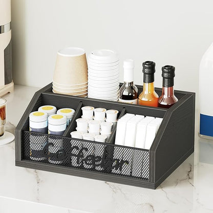 YATINEY Coffee Bar Organizer, Wooden Coffee Pod Organizer for Countertop, Versatile Pod Holder with Dividers, Holds Syrup, Cups, Tea Bags, Easy Assembly, Black KH11BB