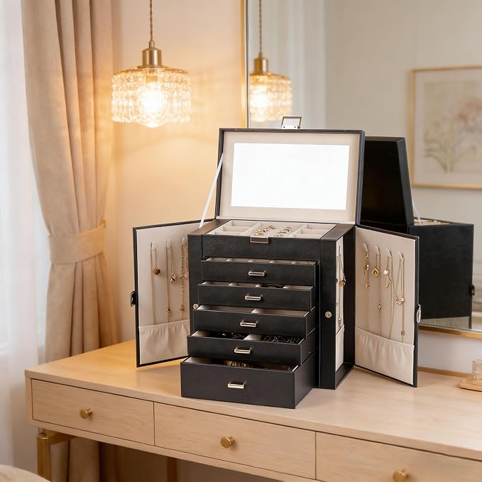 BOOVO Jewelry Box For women, 6 Layer Large Jewelry Organizer With Mirror, Multi-Function Storage Box, Necklace Holder With 5 Drawers, For Earrings Necklace Bracelet (Gold and Black)