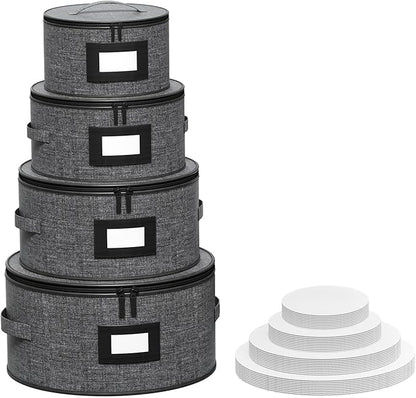 Aokeyee 4-Piece Plate Storage Box, Hard Shell Storage Containers with 48 Soft Dividers for Saucer, Dessert, Salad & Dinner Plates, Sturdy Quilted Stackable Dish Organizer for Moving & Protection, Grey