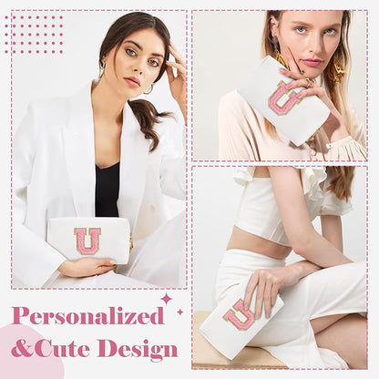 Personalized Makeup Bag Initial A-Z Preppy Patch Bag,Small PU Leather Travel Cosmetic Bag Pouch with Zipper,White Cute Toiletry Bag,Gift Ideal for Teen Girls Women Birthday Friend Mom,Letter U