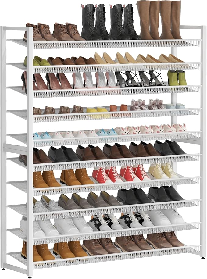Metal Shoe Rack,Large 10 Tier Shoe Organizer, Heavy Duty Metal Stackable Shoe Storage Vertical Shoe Rack for Closet Front Door Entrance,Entryway,GarageUp to 62 Pairs,White