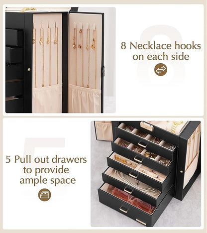 Homde Jewelry Box Large for Women: 6 Layers 5 Drawers Organizer with Mirror for Ring Earring Necklace - Storage Holder with Lock for Dresser (Black)