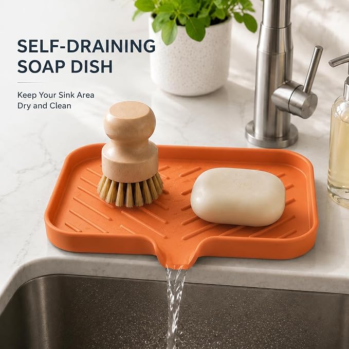 MicoYang Silicone Soap Dish with Drain Spout — Self-Draining Sink Organizer Tray for Bathroom & Kitchen, Sponges, Dispensers & Soap Holder, Non-Slip & Dishwasher Safe, Orange (Medium, 9.6"×5.3")