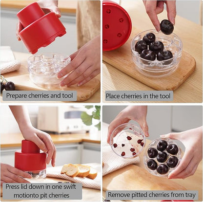 Cherry Pitter, Heavy-Duty 7-in-1 Olive and Cherry Pitters Corer Tool with Space-Saving Lock Design, Multi-Function Cherries Stoner Seed Remover Tool for Making Cherry Jam (Wine Red)