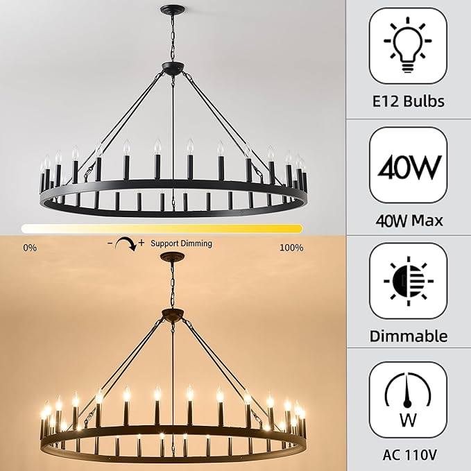 53 Inch Black Extra Large Wagon Wheel Chandelier, 30-Lights Farmhouse Industrial Round High Ceiling Pendant Light Adjustable Chain, for Dining Room, Living Room