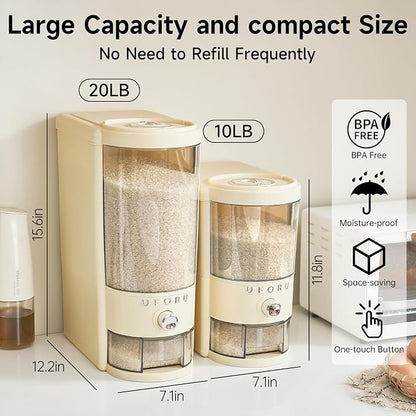 UFORU Rice Dispenser 20 lbs | Large Rice Storage Container for Kitchen&Pantry - Space-saving, Moisture & Pest-proof, BPA-Free - Dry Food Dispenser with One-Touch Dispenser & Measuring Cup for Families
