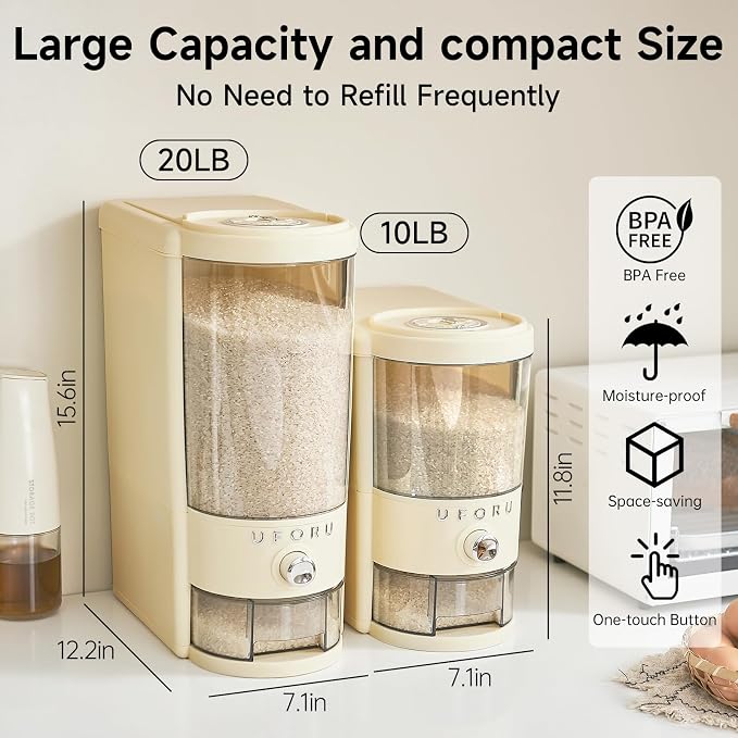 UFORU Rice Dispenser 10 lbs | Large Rice Storage Container for Kitchen&Pantry - Space-saving, Moisture & Pest-proof, BPA-Free - Dry Food Dispenser with One-Touch Dispenser & Measuring Cup for Families