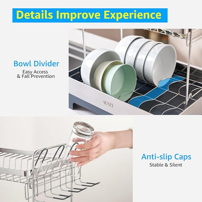 SUNLY Large Dish Drying Rack, Multipurpose 2 Tier Dish Racks for Kitchen Counter, 304 Stainless, Extra Large Drain Board, Gray
