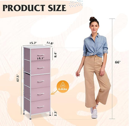 WLIVE Fabric Dresser for Bedroom, 5-Drawer Tall Dressers, Storage Organizer with Fabric Bins, Wood Top, Sturdy Steel Frame, Chest of Drawers for Closet, Hallway, Cloudy Pink