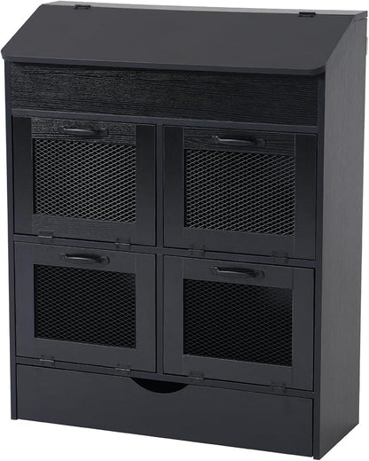 Verano Garden Large Potato Storage Bin, Wooden Bread Box with Lid, Potato and Onion Storage Bin with 4 Mesh Doors & Removable Drawer, Fruit and Vegetable Storage Rack for Pantry Kitchen (Black, 31.5")