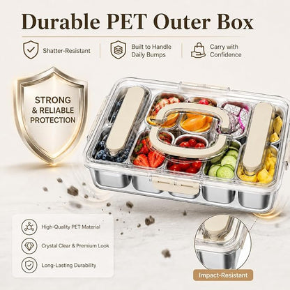 Ankou Snackle Box Container, Stainless Steel Divided Serving Tray with Lid, Handle and Forks