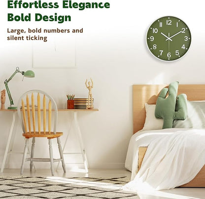 Silent Wall Clock Non-Ticking Battery Operated – Modern Olive Green Analog Wall Clock for Living Room, Kitchen, Office, Bedroom – Stylish Home Wall Decor Clock, 12 Inch