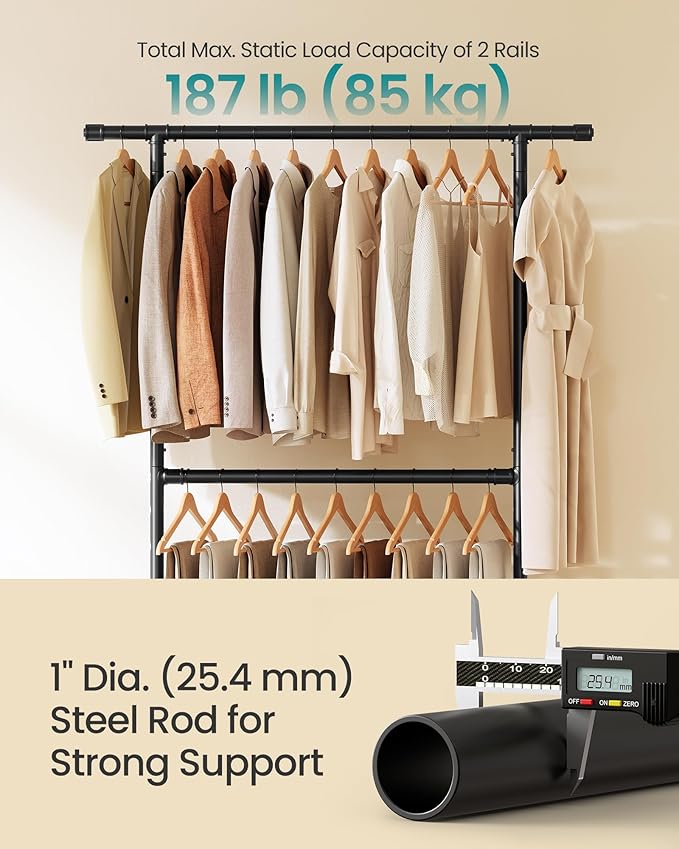 SONGMICS Heavy-Duty Clothes Rack, Double-Rod Clothing Rack for Hanging Clothes, Industrial Garment Rack on Wheels, Adjustable Metal Frame, 2 Casters with Brakes, Commercial Display, Black UHSR62BK