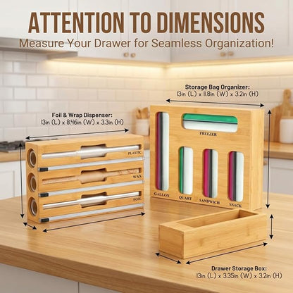 9 in 1 Storage Bag Organizer for Kitchen Drawer,Bamboo Foil and Plastic Wrap Dispenser with Cutter, Organizers Compatible Gallon, Quart, Sandwich Snack