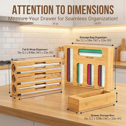 9 in 1 Storage Bag Organizer for Kitchen Drawer,Bamboo Foil and Plastic Wrap Dispenser with Cutter, Organizers Compatible Gallon, Quart, Sandwich Snack