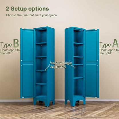 COFaR Tall Bathroom Cabinet, Metal Farmhouse Narrow Slim Storage Cabinet with Adjustable Shelves Barn Door for Bathrooms, Kitchens, Entrances Living Room (Blue)