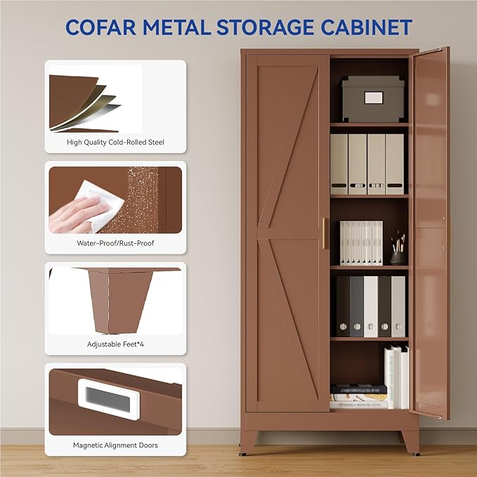 COFaR 71 in Tall Kitchen Pantry Cabinet, Metal Pantry Storage Cabinet with 4 Adjustable Shelves and 2 Barn Doors, Freestanding Farmhouse Food Cupboard for Dining Room, Brown 5-Tier