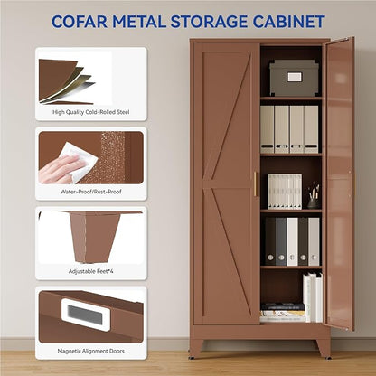 COFaR 71 in Tall Kitchen Pantry Cabinet, Metal Pantry Storage Cabinet with 4 Adjustable Shelves and 2 Barn Doors, Freestanding Farmhouse Food Cupboard for Dining Room, Brown 5-Tier