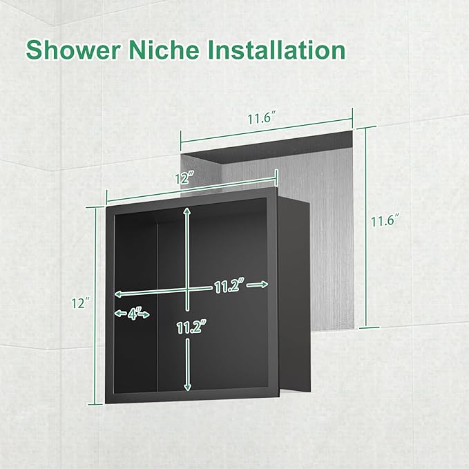 SaniteModar Shower Niche, Stainless Steel Shower Niche 12" X 12" No Tile Needed, Recessed for Bathroom Storage, Matte Black (Matte Black, 12x12)