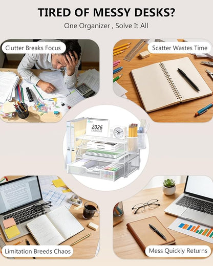WALI Desk File Organizer, 4 Tier Desktop Paper Letter Tray Organizer with Drawer and 2 Pen Holders, Office Desk Accessories & Workspace Organizers for Office, Home Supplies(DO005DH-W), 1 Pack, White
