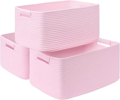 3 Pack Large Storage Basket for Organizing, 17.5"x13.5"x7.5" Woven Basket for Shelves, Closet Cube Storage Bins with Wrapped Handle, Cotton Rope Baskets for Kitchen, Clothes, Toys(Light Pink)