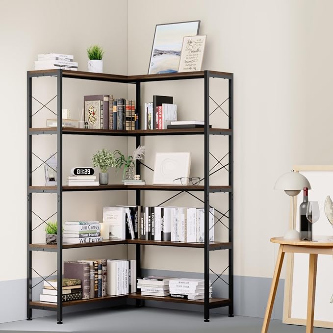 Jartoil Corner Bookshelves and Bookcases Industrial Corner Etagere Bookcase L Shaped Shelf 5-Tiers with Metal Frame for Living Room Home Office