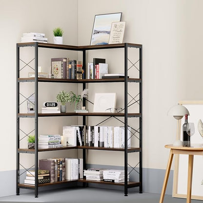 Jartoil Corner Bookshelves and Bookcases Industrial Corner Etagere Bookcase L Shaped Shelf 5-Tiers with Metal Frame for Living Room Home Office