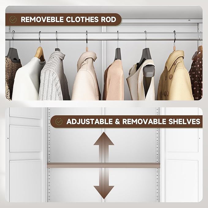 Letaya Metal Wardrobe Cabinets with 2 Drawers,71"Tall Armoire Wardrobe Closet with Doors and Shelves,Large Coat Closet Cabinet with Hanging Rod,Clothing Storage Cabinets for Bedroom,Home Office,White