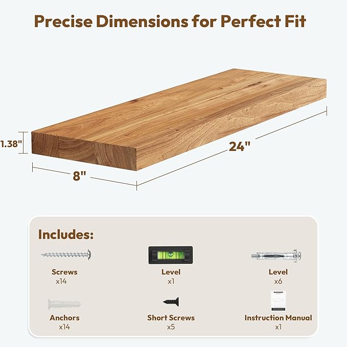 Vivelove Floating Shelves for Wall Solid Elm Wood, 24 Inches Long Rustic Wall Shelf with Invisible Bracket for Living Room Bedroom Bathroom Office Book, Farmhouse Wall Decor, Set of 2 - Natural