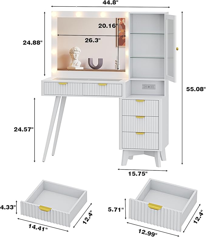 Vanity Desk with Mirror and Lights, 45" Fluted Makeup Vanity Desk with Lights &5 Drawers, Glass Top Vanitys with Lighted Mirror and RGB Cabinet, Dressing Table with Power Outlet for Bedroom, White