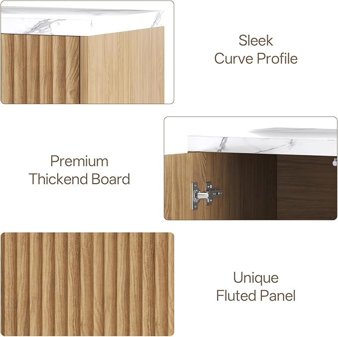 31” Sideboard Cabinet with Storage, Fluted Accent Cabinet with Adjustable Shelves, Modern Wood Credenza Cabinets with Pop-up Doors for Entryway Kitchen Living Room Hallway, Faux Marble Top 3pcs