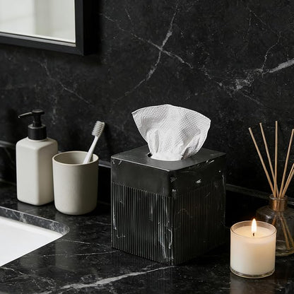 Tissue Box Cover Square Resin Tissue Holder for Home Decor, Hand Poured Marble Tissue Box Holder, 5 x 5 x 5.5 inches, Black