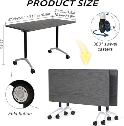 4Packs Folding Conference Table with Silent Wheels,Mobile Flip Top Meeting Room Table for Office Training and Classroom,Foldable Modular Rolling Desk for Home Office,Gray Space-Saving Rectangular