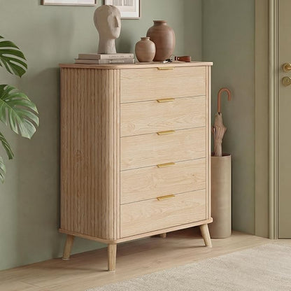 ADORNEVE Fluted Dresser for Bedroom,Tall Modern Chest of Drawers with 5 Drawers, Vertical Dressers,Wood Closet Clothes Storage Organizer for Living Room, Hallway, Natural Oak